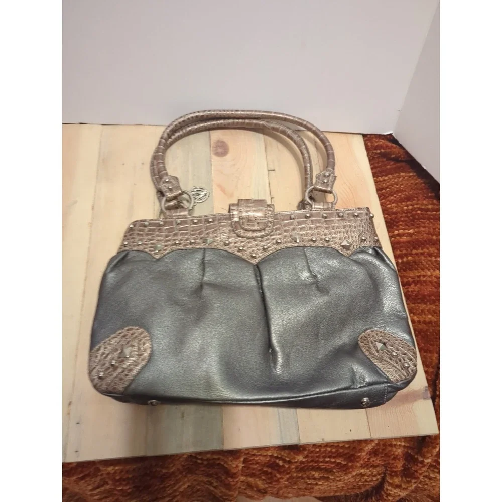Vtg Y2K Lou-Ella Silver Croc Satchel Bag Studded Buckle Moto Boho slouchy Bling